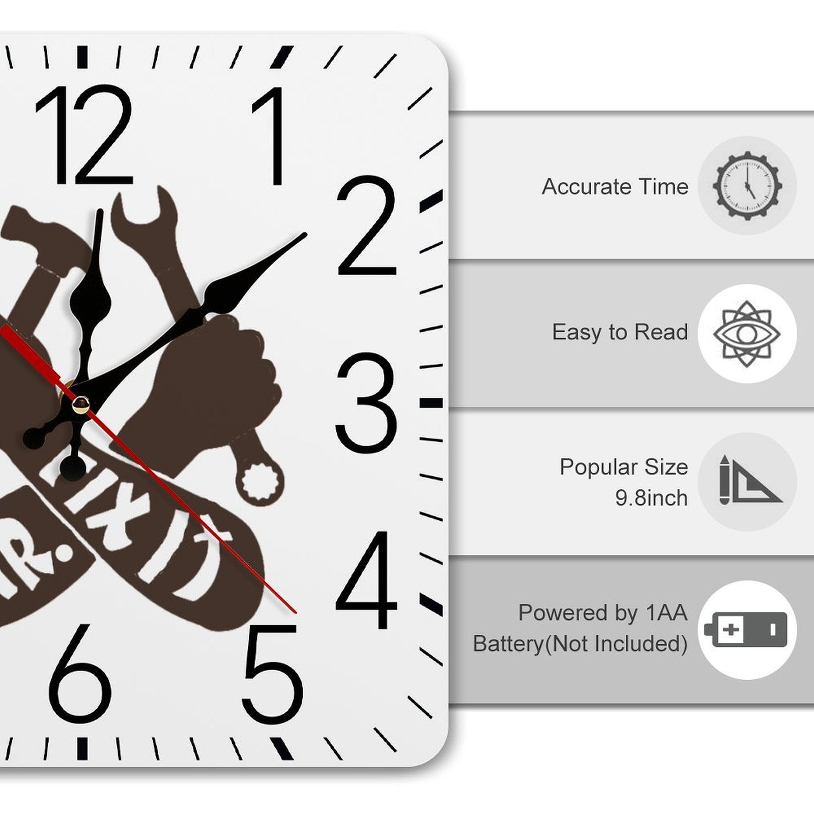 Mr. Fix It Mechanic Square Wall Clock with Numbers | Ships from USA