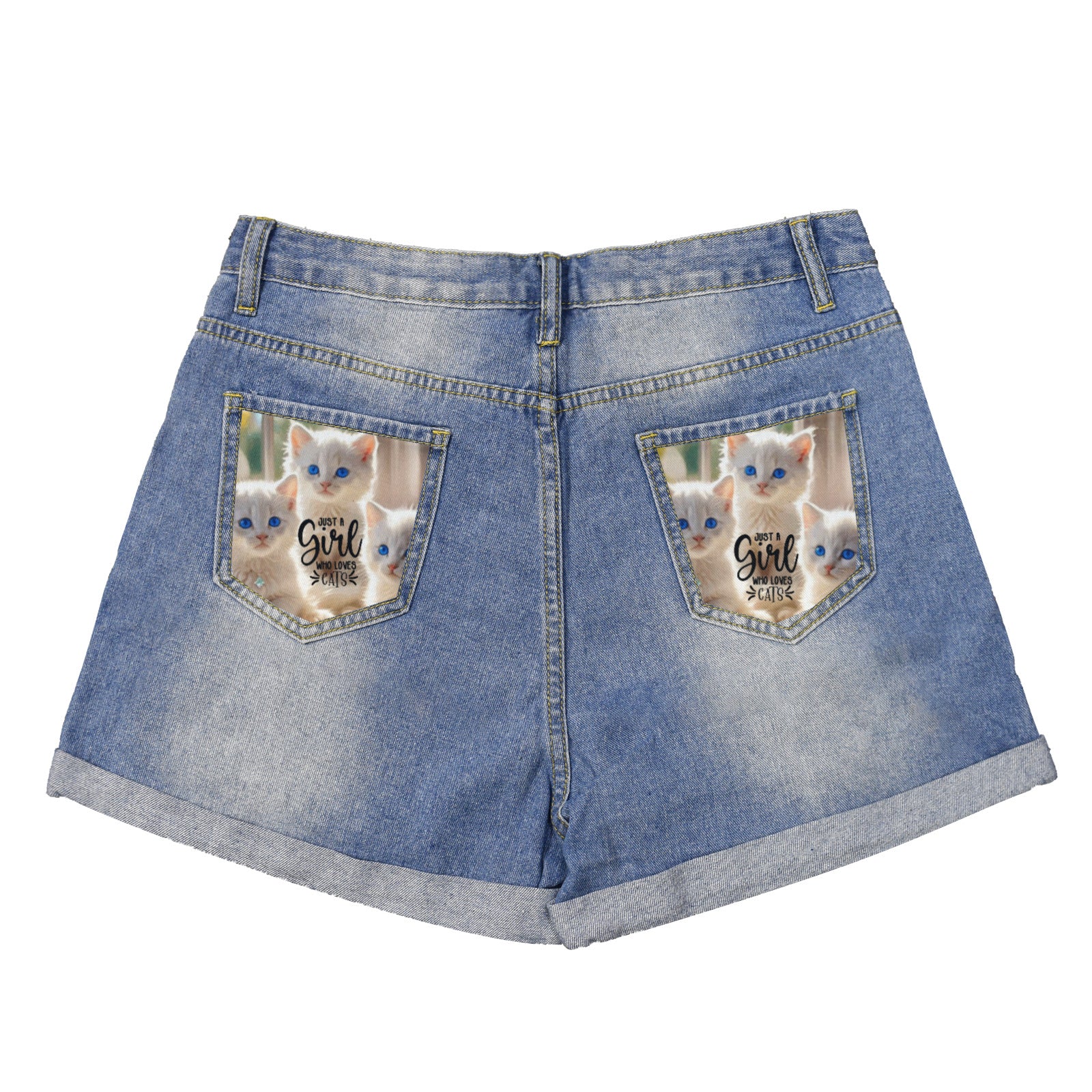 Just a Girl Who Loves Cats Light Blue Denim Shorts with Dual Pockets Design