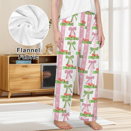 Pink Coquette Merry Christmas Flannel Pajama Pants for Women (Made in USA)