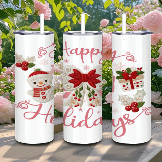 Happy Holidays Faux Yarn 20oz Straight Stainless Steel Tumbler with Straw (Made in USA)