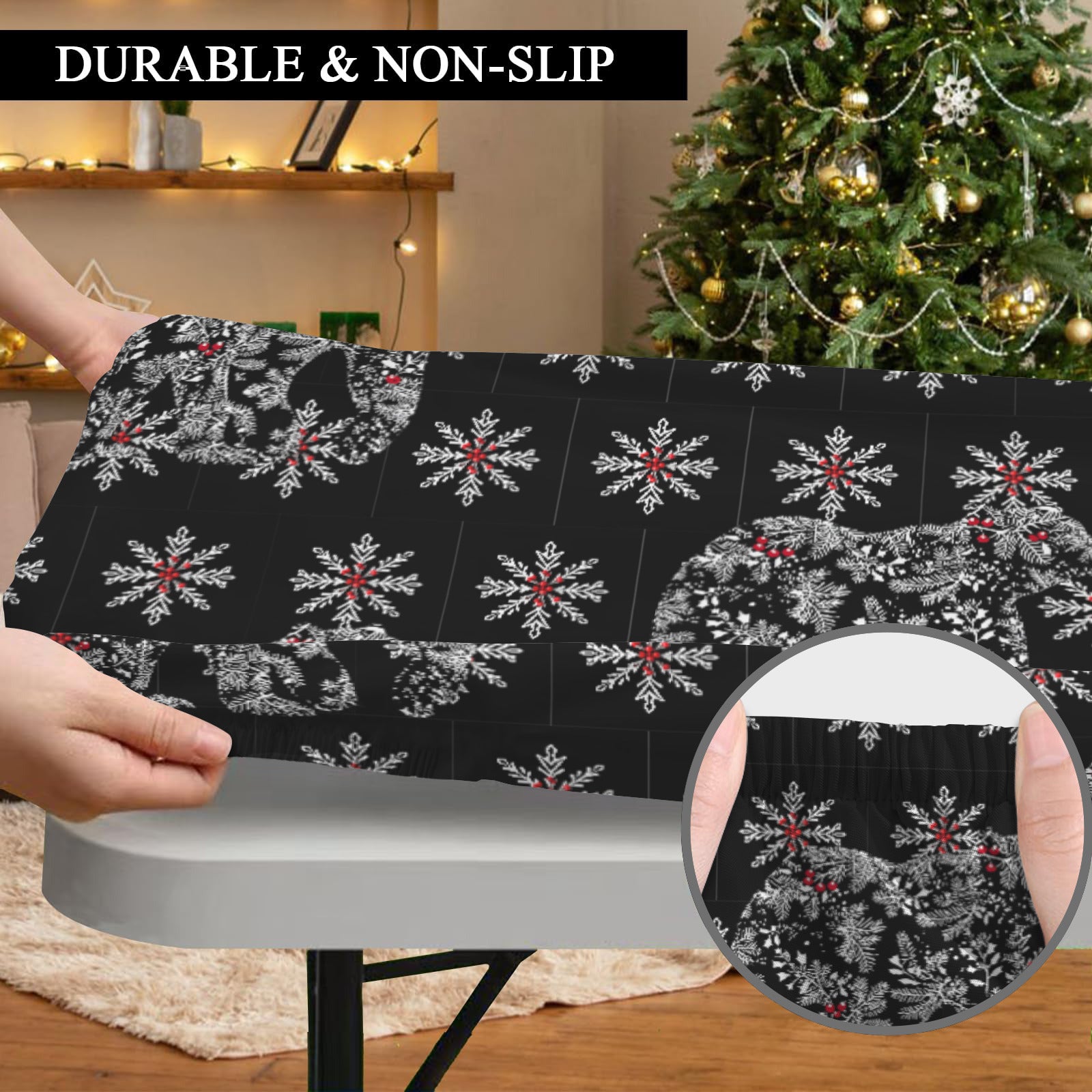 Chinoiserie Christmas Polar Bear Black Elastic Fitted Tablecloth - 72
