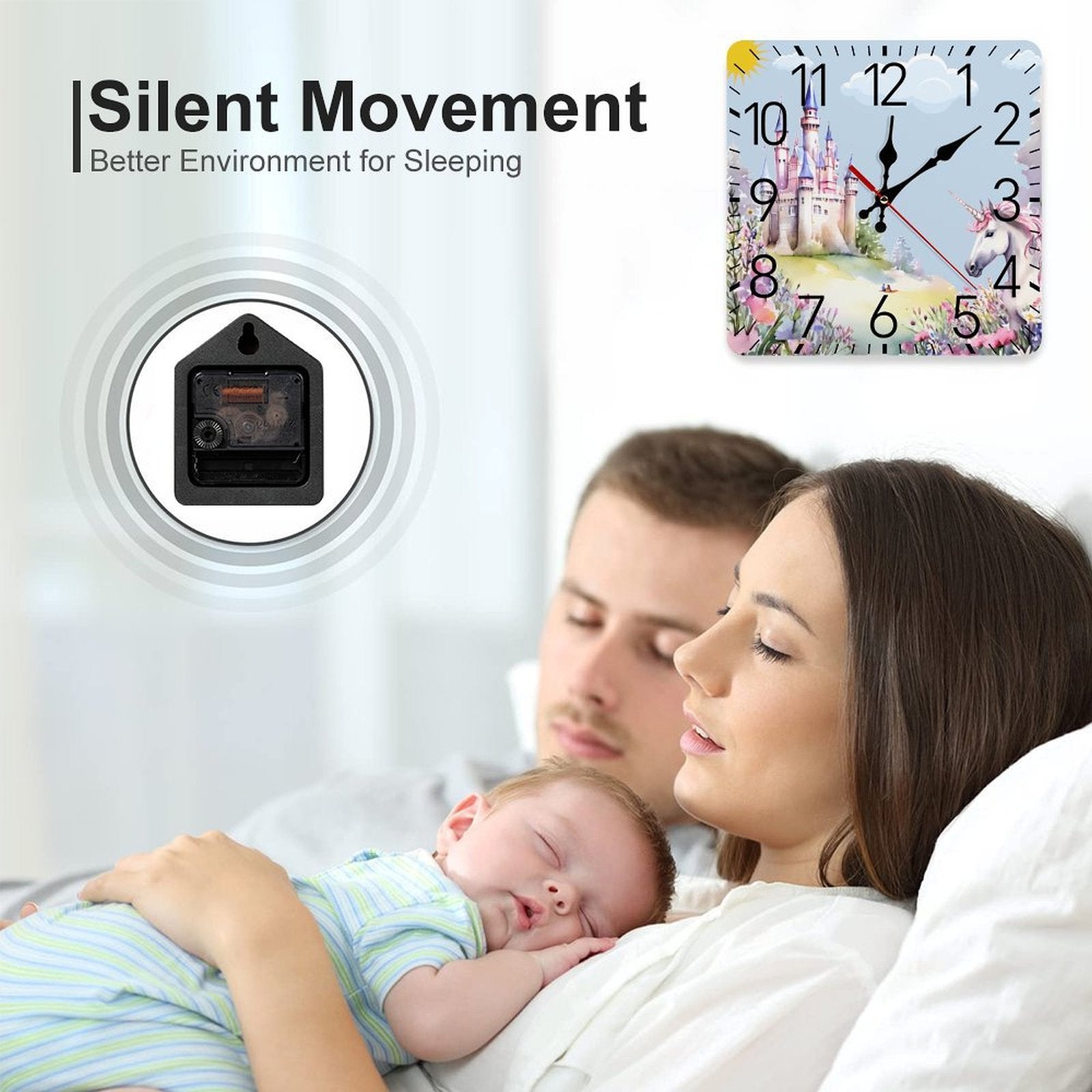 Purple Unicorn and Castle Square Wall Clock with Numbers | Ships from USA