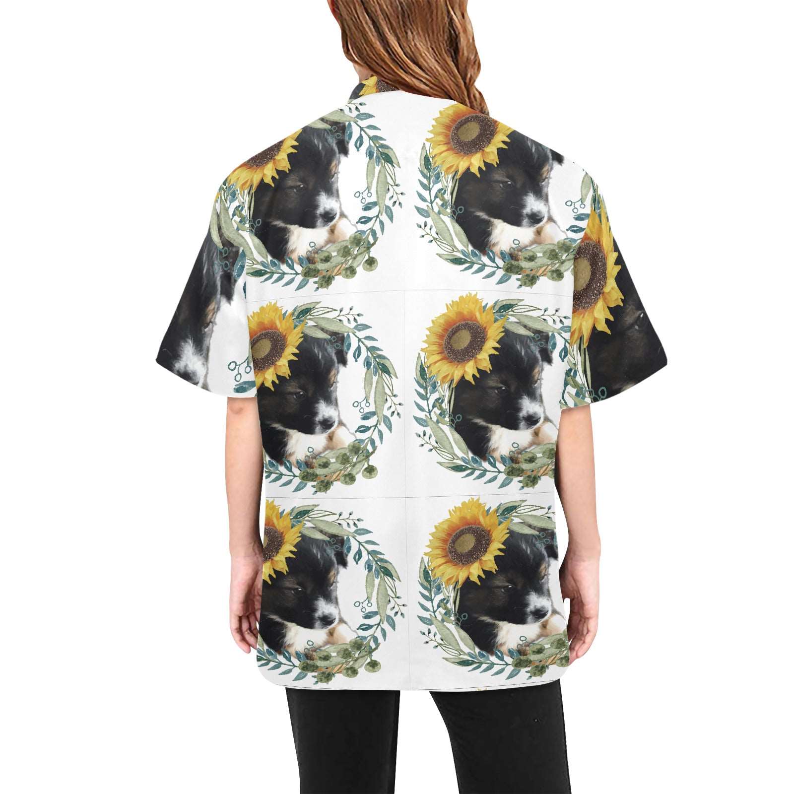 Black Puppy with Sunflowers Design Unisex Grooming Jacket with Zipper up to 2XL