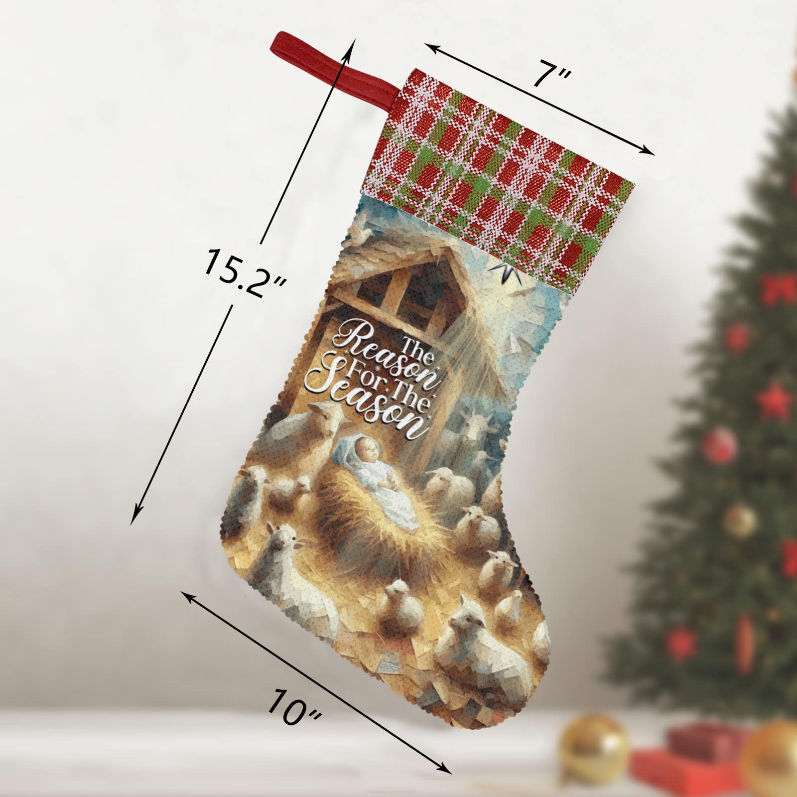 Baby Jesus Reason for the Season Sequin Christmas Stocking (Made in USA)