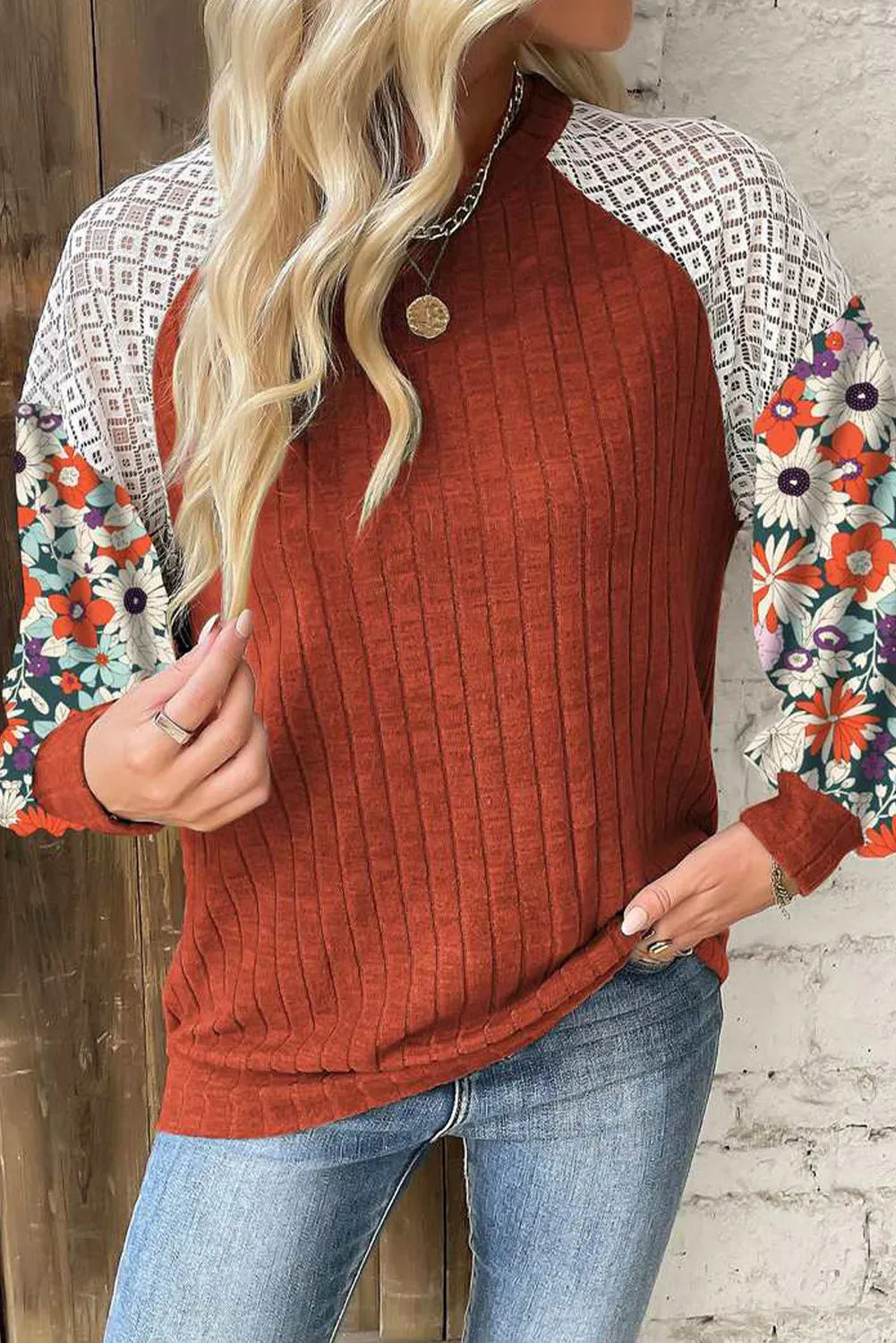 Women's Fall Colors Printed Round Neck Long Sleeve Shirt