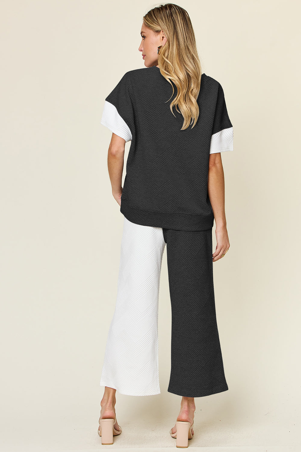 Double Take Full Size Texture Contrast Shirt and Pants Outfit