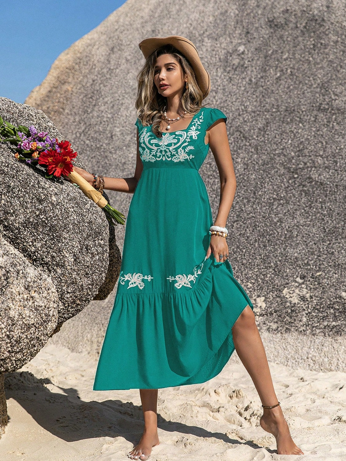 Embroidered Green Square Neck Cap Sleeve Midi Dress