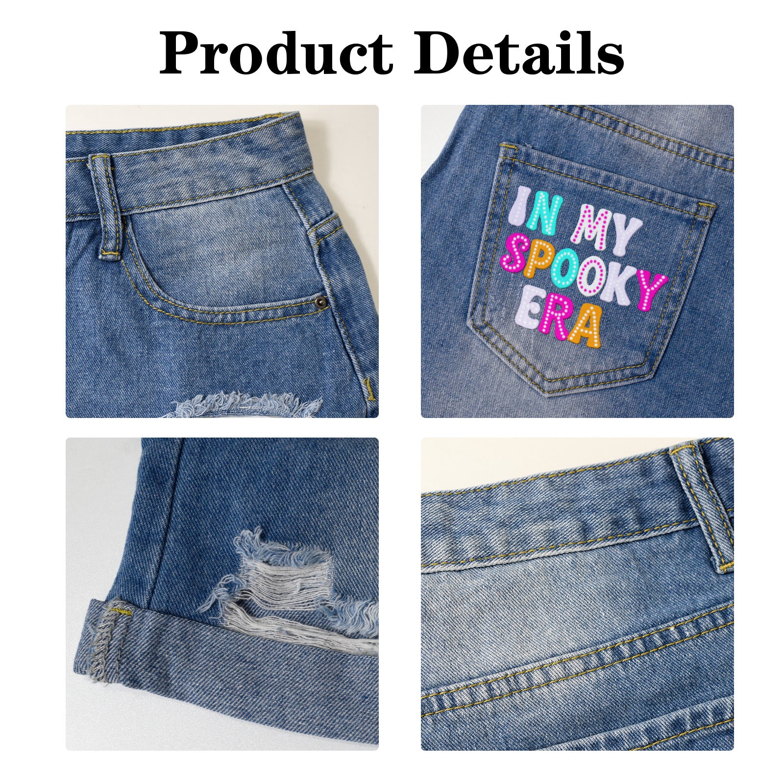 Retro Halloween Neon Ghost Light-Wash Blue Denim Shorts (Dual Pockets Print)