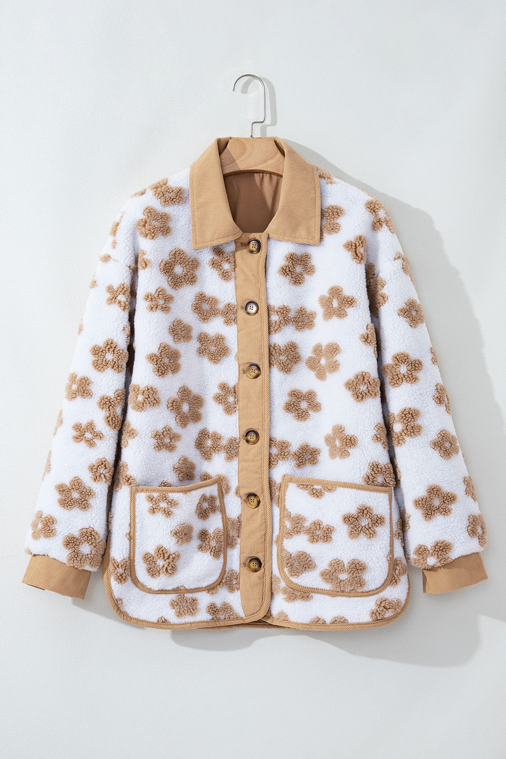 Beige Floral Button-Up Fleece Pocketed Jacket