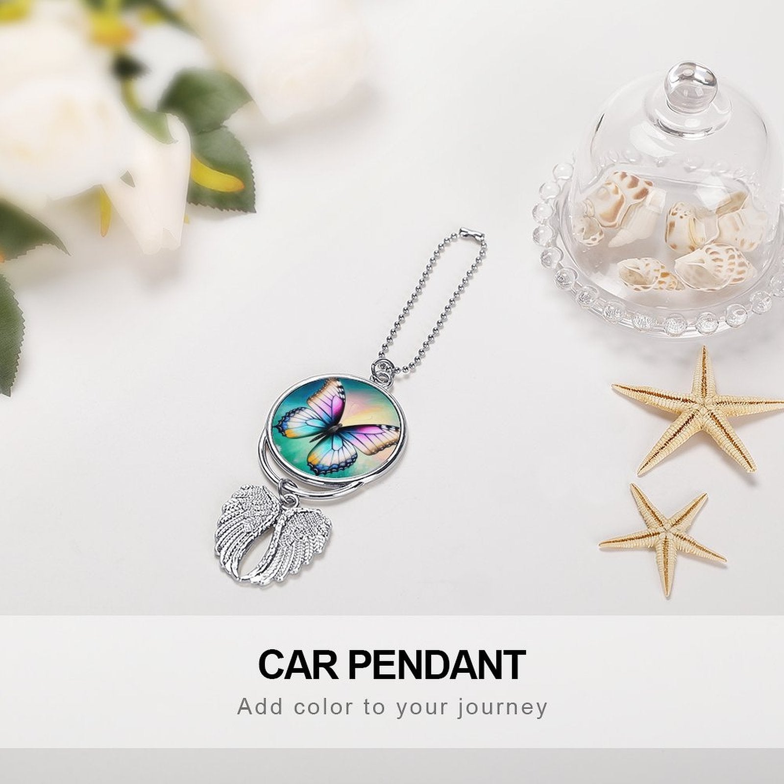 Beautiful Butterfly Zinc Alloy 2-sided Print Car Pendant with Wings