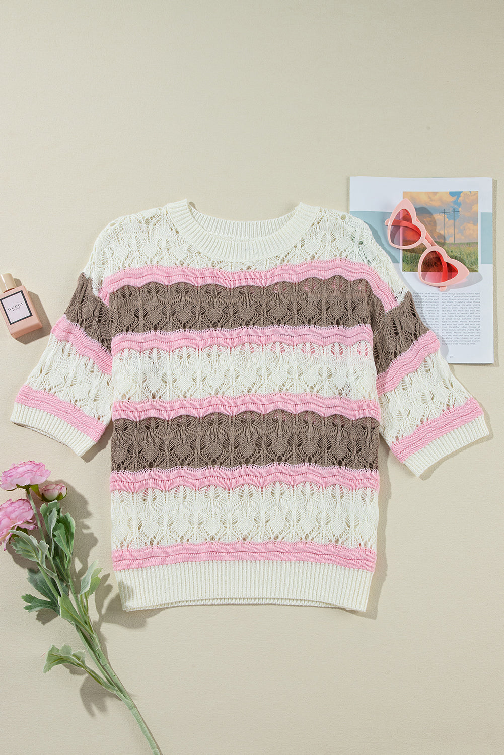 Women's Striped Color Block Hollow Crochet Sweater