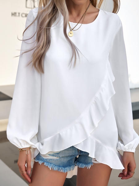 Women's Off White Ruffle Trim Lantern Sleeve Blouse up to 3XL