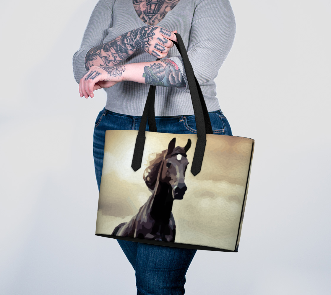 Wild Black Horse Large Vegan Leather Tote Bag