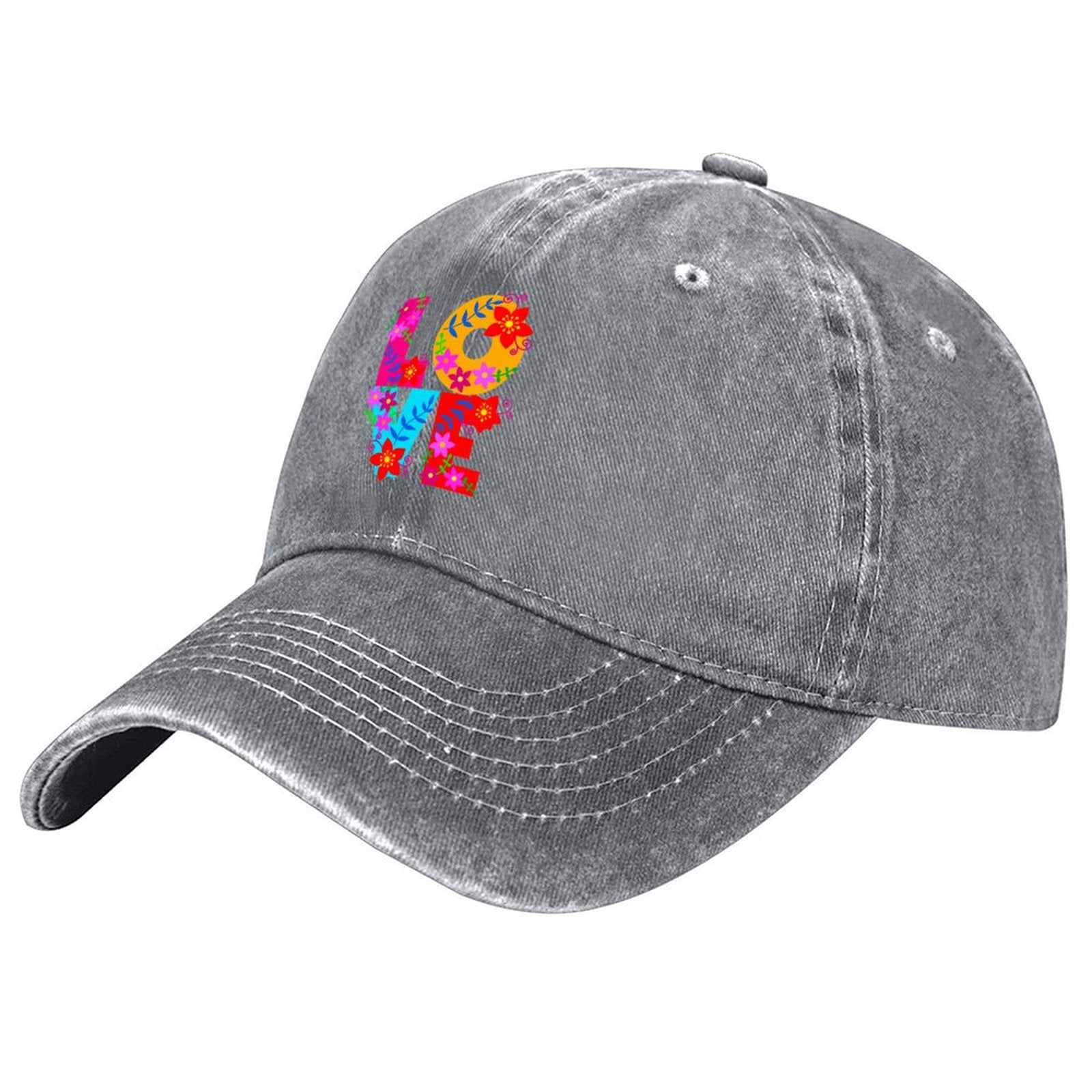 Floral LOVE Cotton Vintage Washed Denim Baseball Cap (Front Printing)