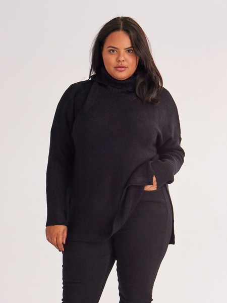 Women's Black Side Split Turtleneck Sweater