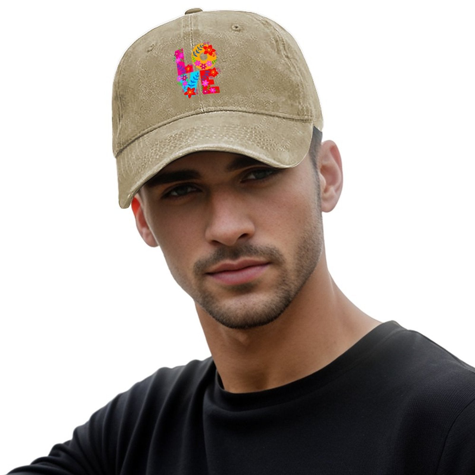 Floral LOVE Cotton Vintage Washed Denim Baseball Cap (Front Printing)