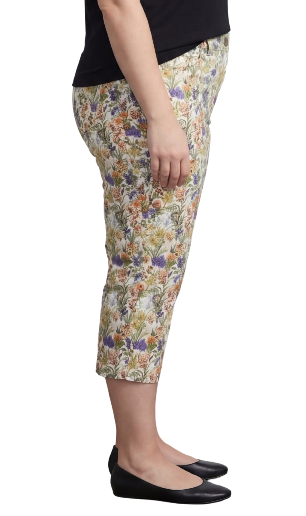 Women's Casual Botanical Bloom Capri Pants with Front Pockets and Concealed Zipper