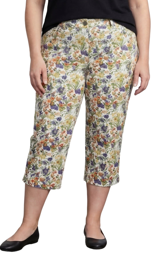 Women's Casual Botanical Bloom Capri Pants with Front Pockets and Concealed Zipper