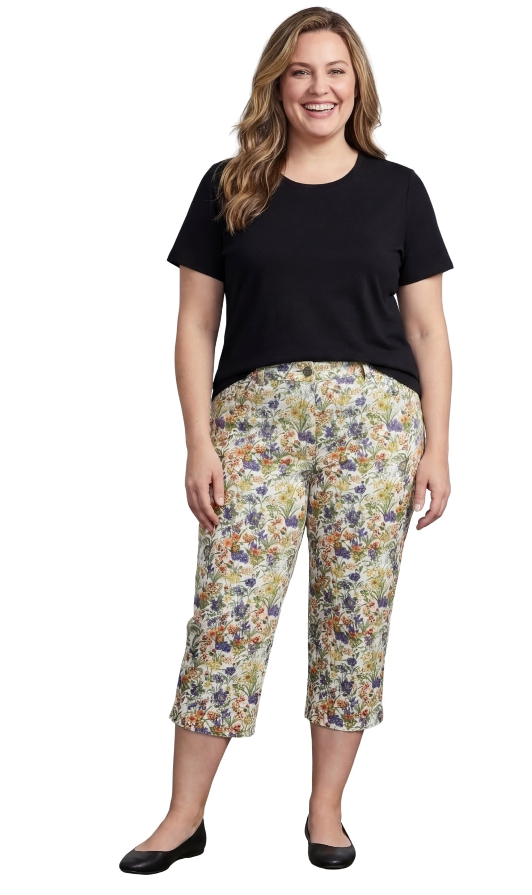 Women's Casual Botanical Bloom Capri Pants with Front Pockets and Concealed Zipper