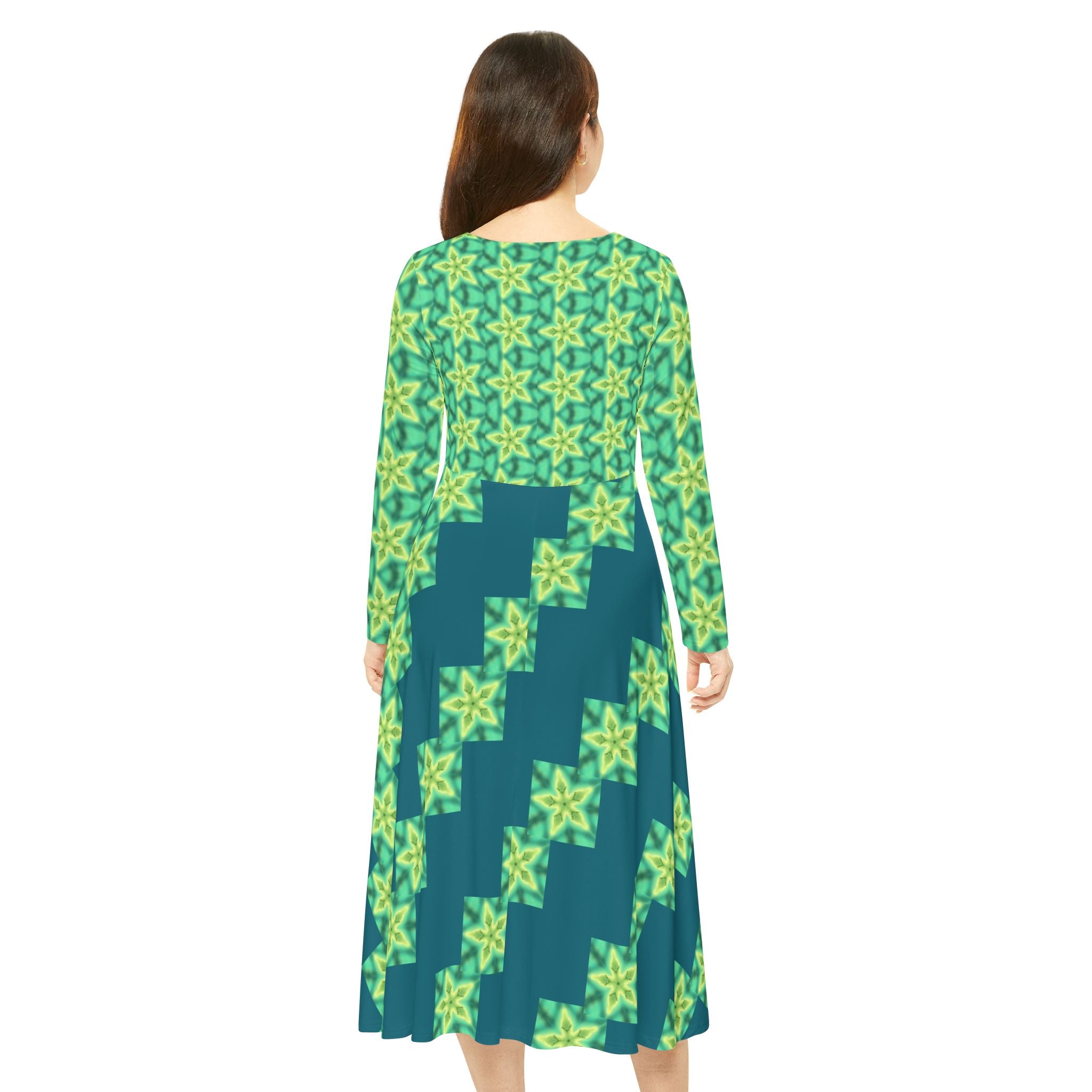 Women's Neon Green Stars Long Sleeve Midi Dress