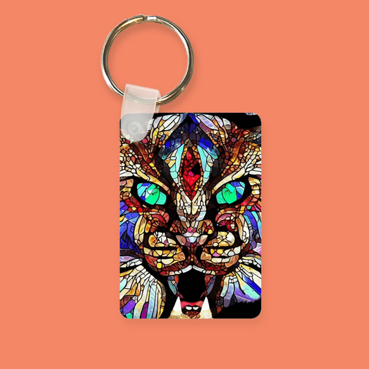 Stained Glass Wildcat With Green Eyes Key Chain