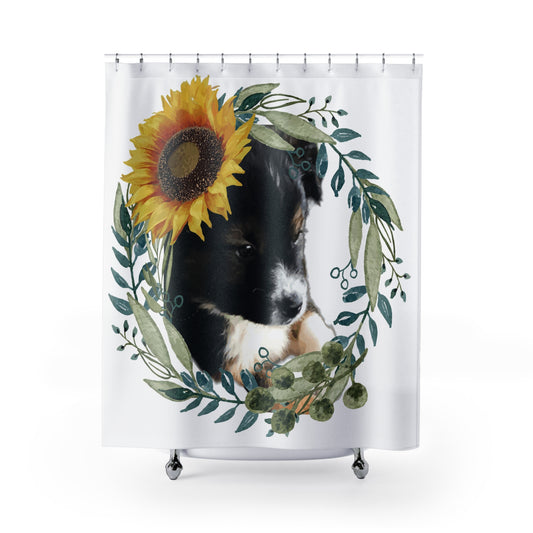 Cute Black Puppy with Sunflower Hat Shower Curtain
