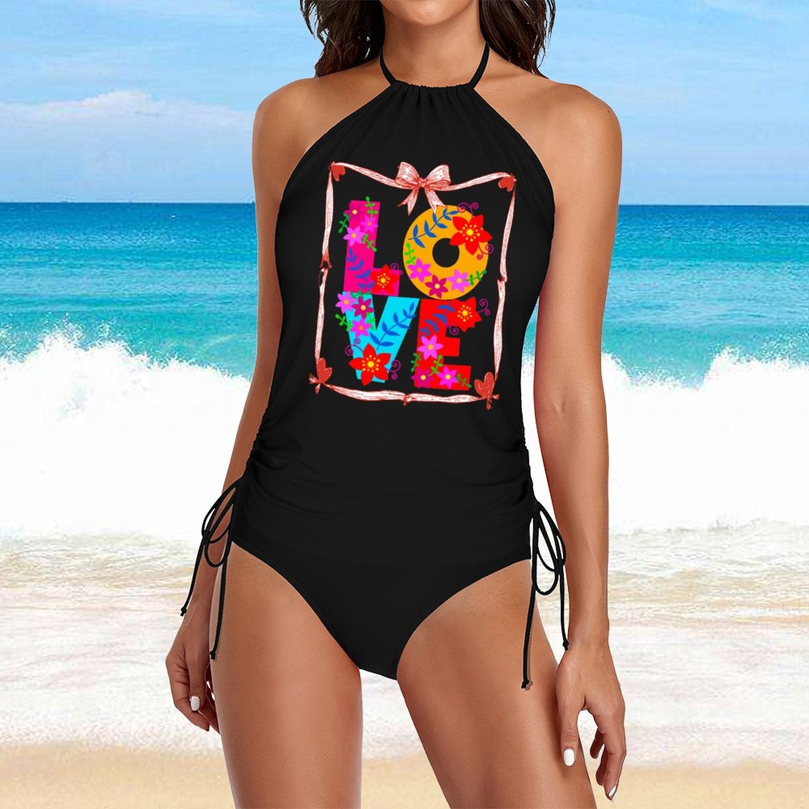 Floral LOVE Halter High Neck 2-Piece Swimsuit Set for Women (Front Printing)