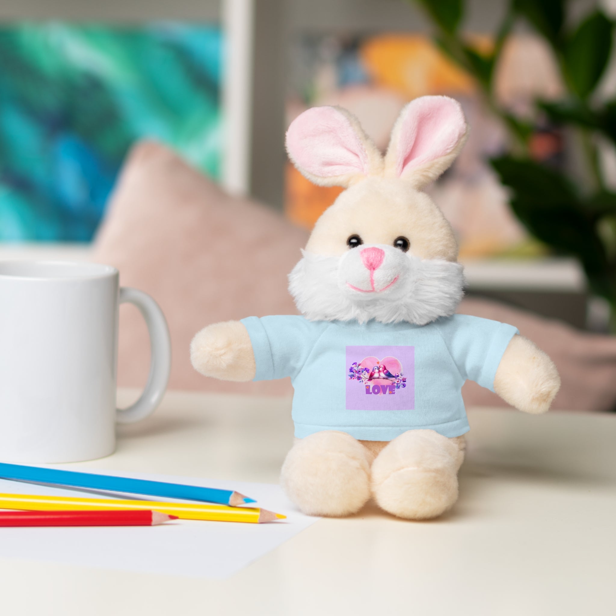 Stuffed Animal Wearing T-shirt of Love Birds