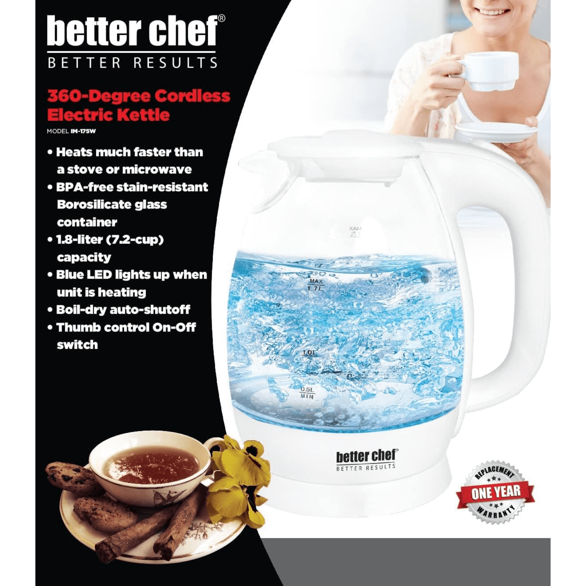 Kettle Shell Better Chef 7-Cup Cordless Borosilicate Glass Electric Kettle with LED ...