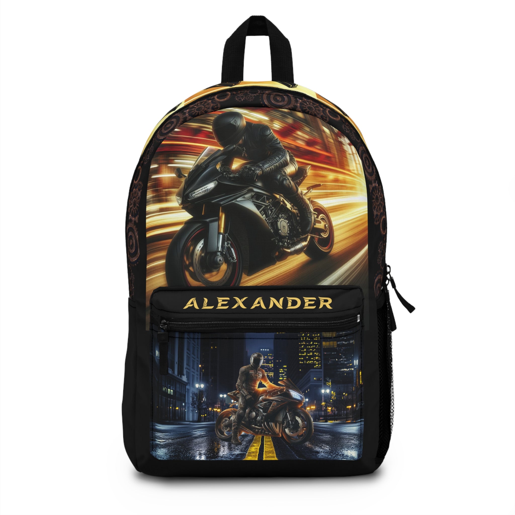 Speeding Motorcycle Rider Backpack | Custom Name Travel Bag