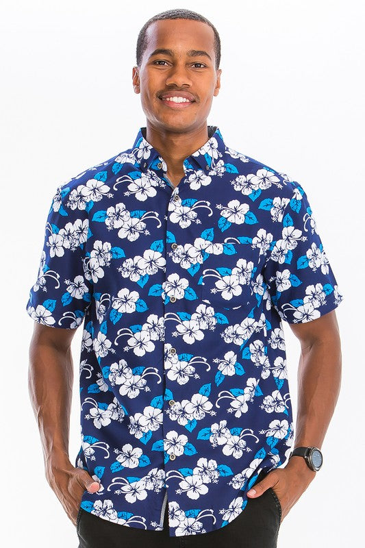 Men's Hawaiian Blue Floral Button Down Shirt