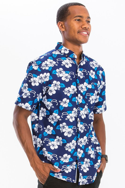 Men's Hawaiian Blue Floral Button Down Shirt