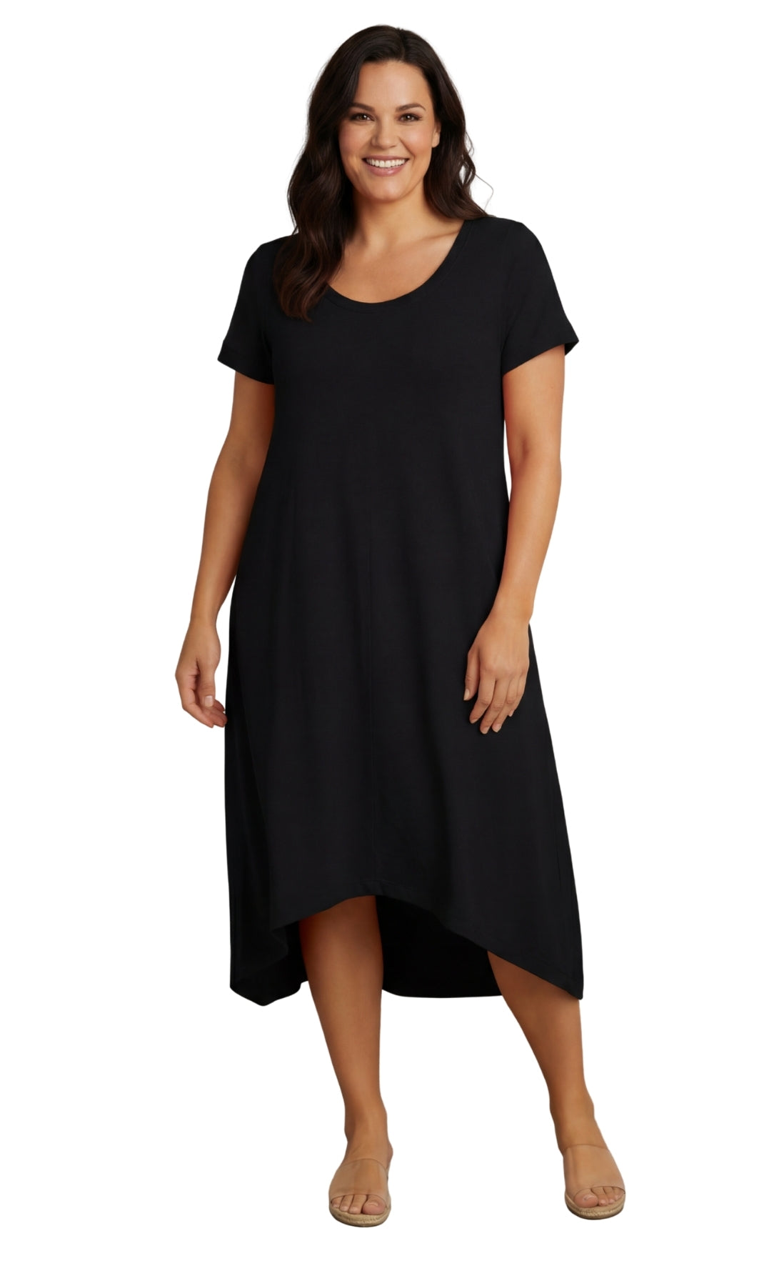 Women's Knit Wide Scoop Neck Short Sleeve Dress in A-line Asymmetrical Hem