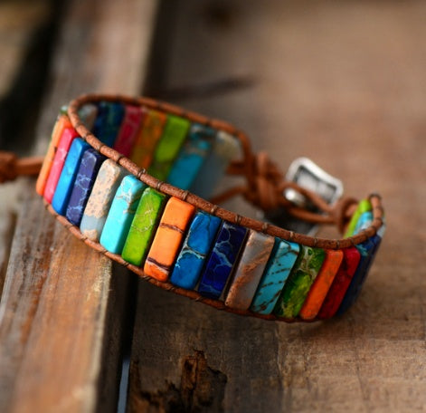 Colored Imperial Stone Agate Hand-woven Leather Bracelet