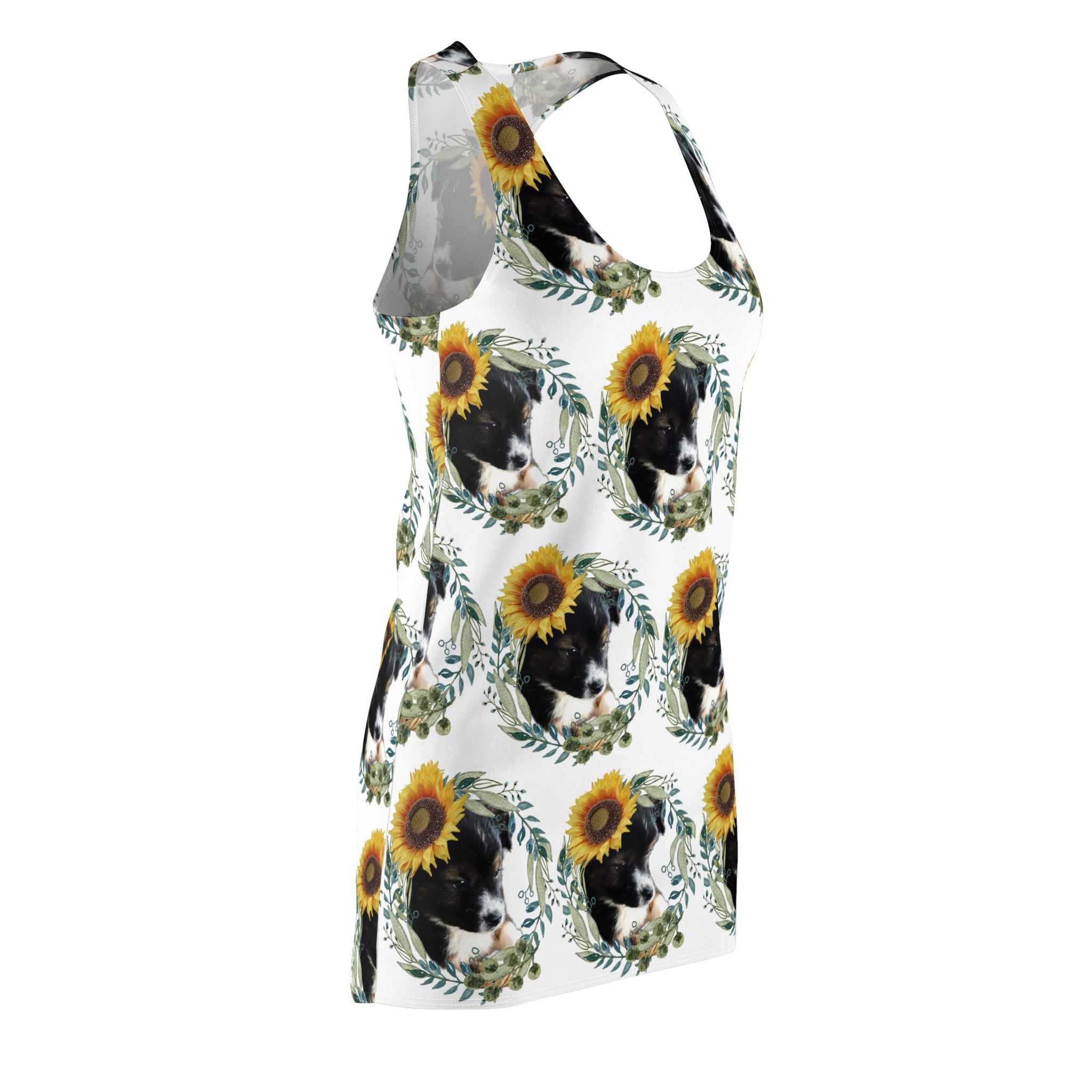 Cute Black Puppy with Sunflowers Printed Racerback Dress - Shell Design Boutique