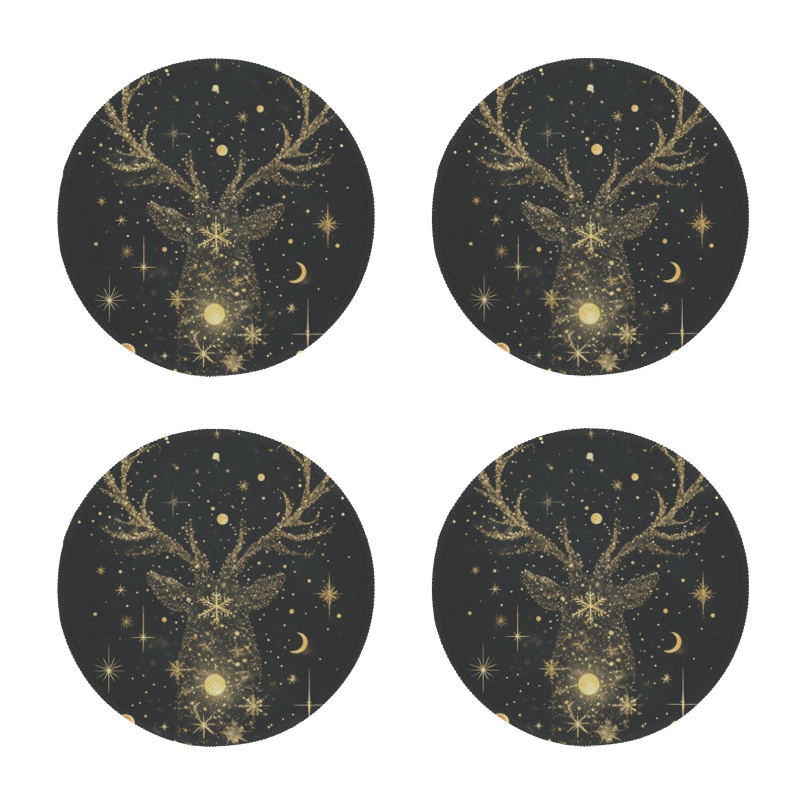 Golden Reindeer And Snowflakes On Black Christmas Custom Round Placemats - 4 pack (Made in USA)