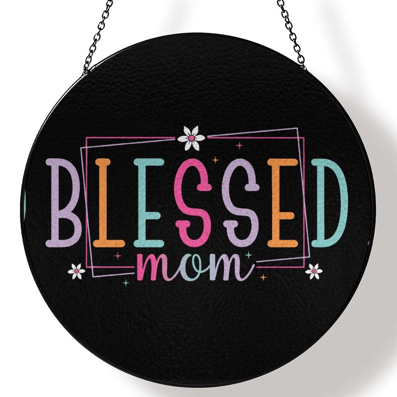 Blessed Mom Black Glass Suncatcher with Chain