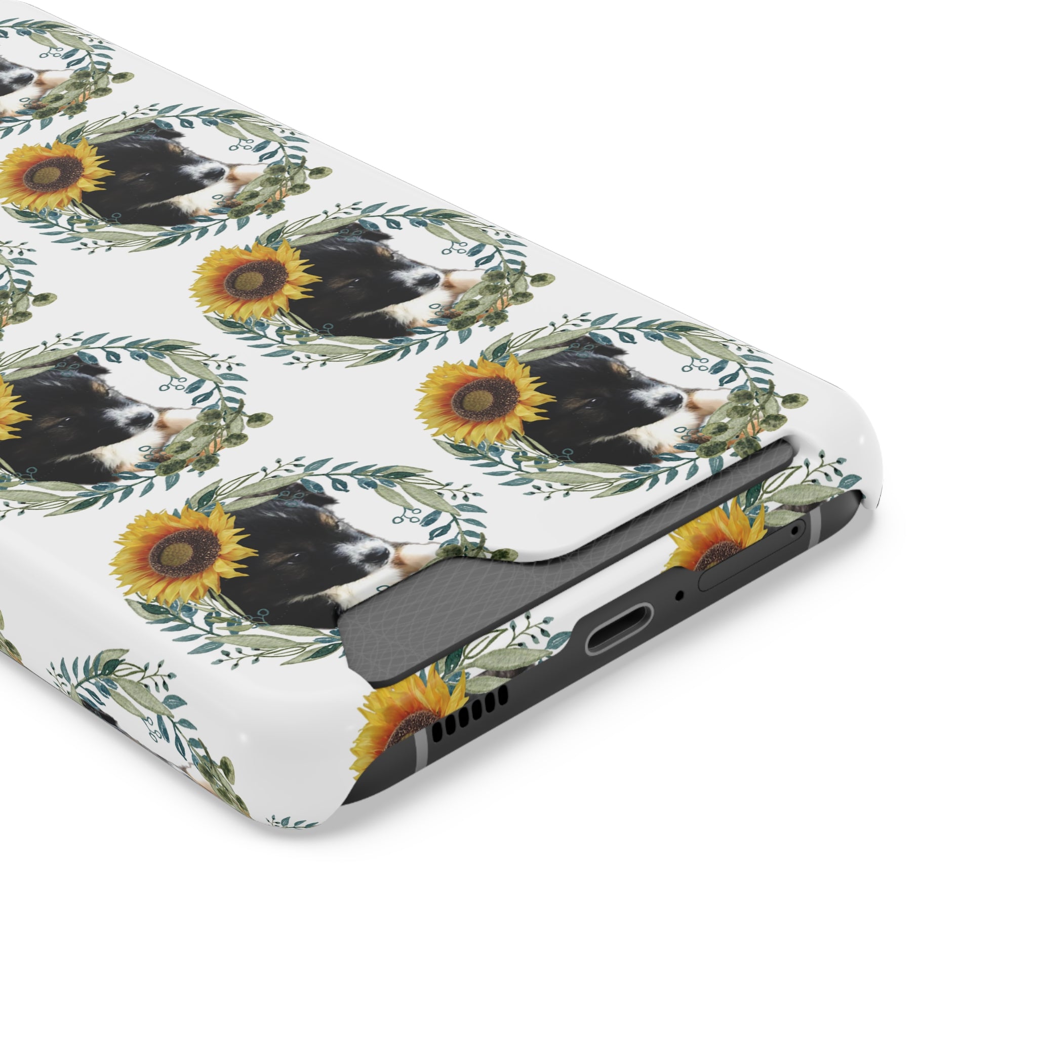 Cute Black Puppy with Sunflowers Phone Case With Card Holder