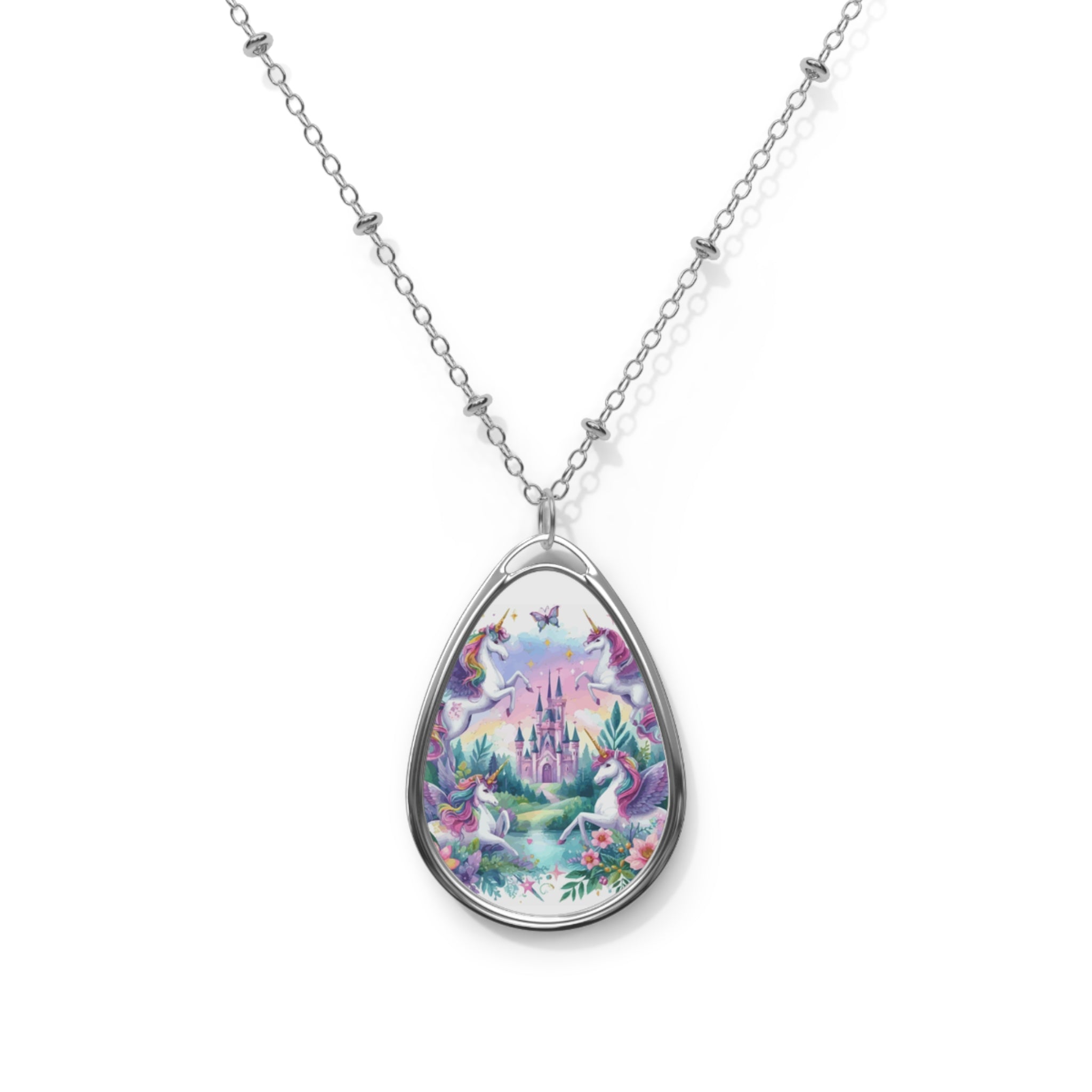 Purple Flying Unicorns Oval Necklace