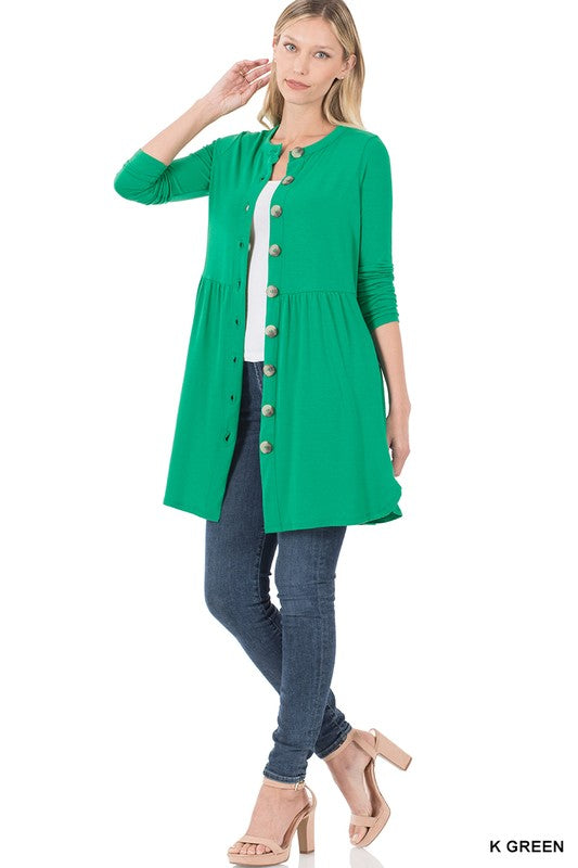 Women's Shirred Waist Buttoned Cardigan With Side Pockets