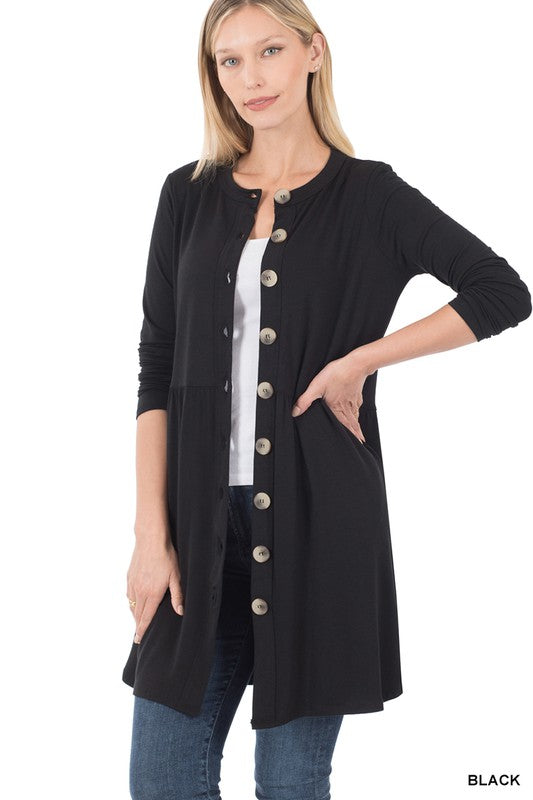 Women's Shirred Waist Buttoned Cardigan With Side Pockets