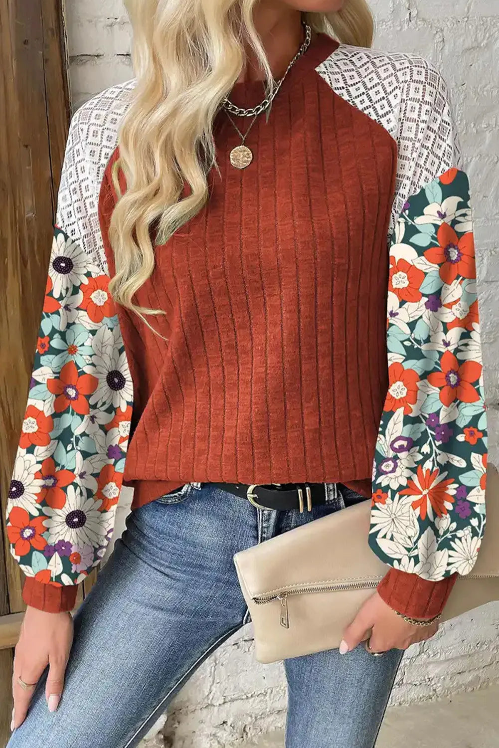 Women's Fall Colors Printed Round Neck Long Sleeve Shirt