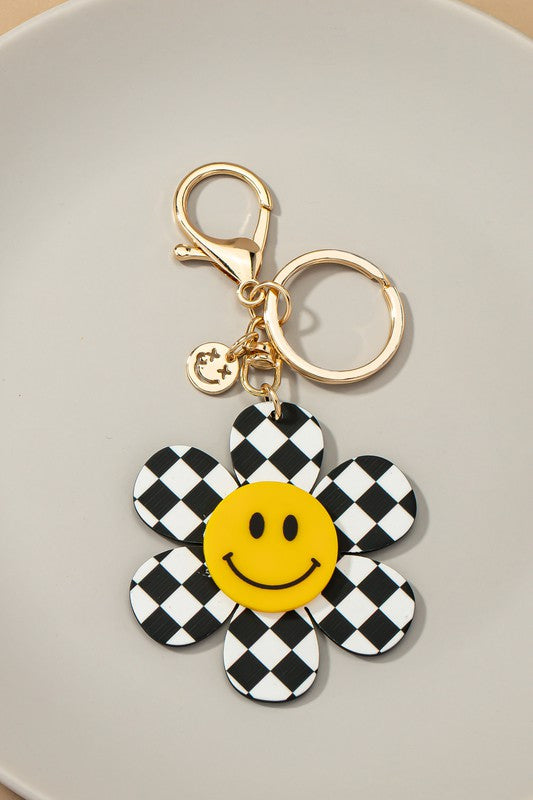 Checkered Flower Key Chain with Smiling Face