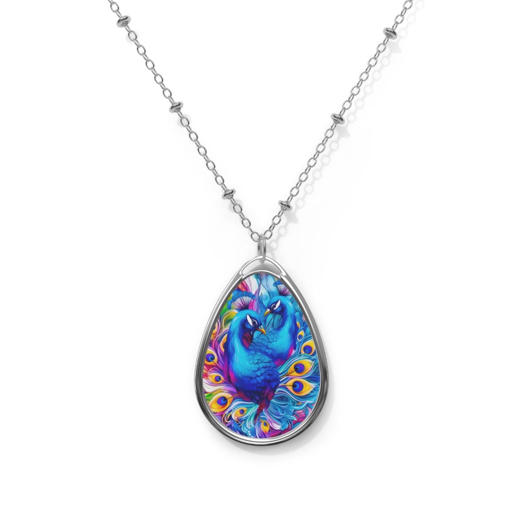 Beautiful Blue Peacocks Oval Necklace