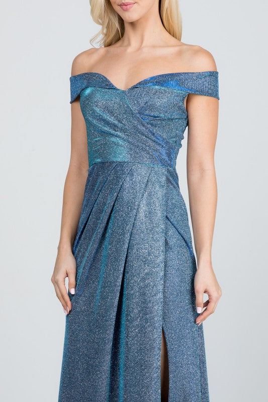 Women's Cold Shoulder Glittery Gathered Jacquard Dress