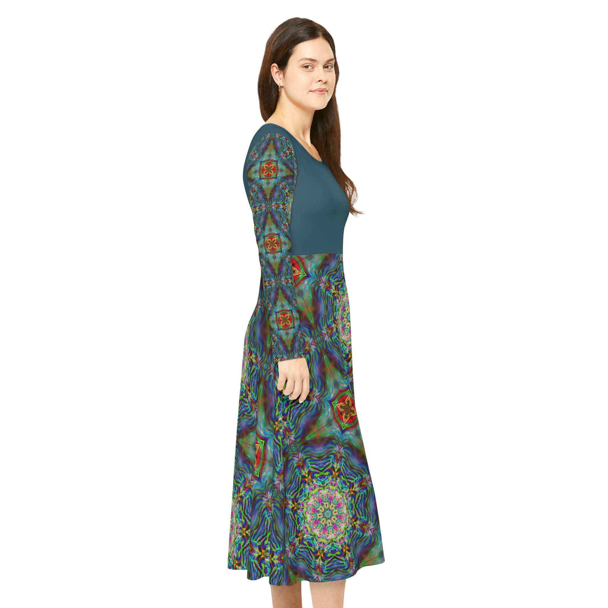 Women's Teal Blue Circle Pattern Printed Midi Dress