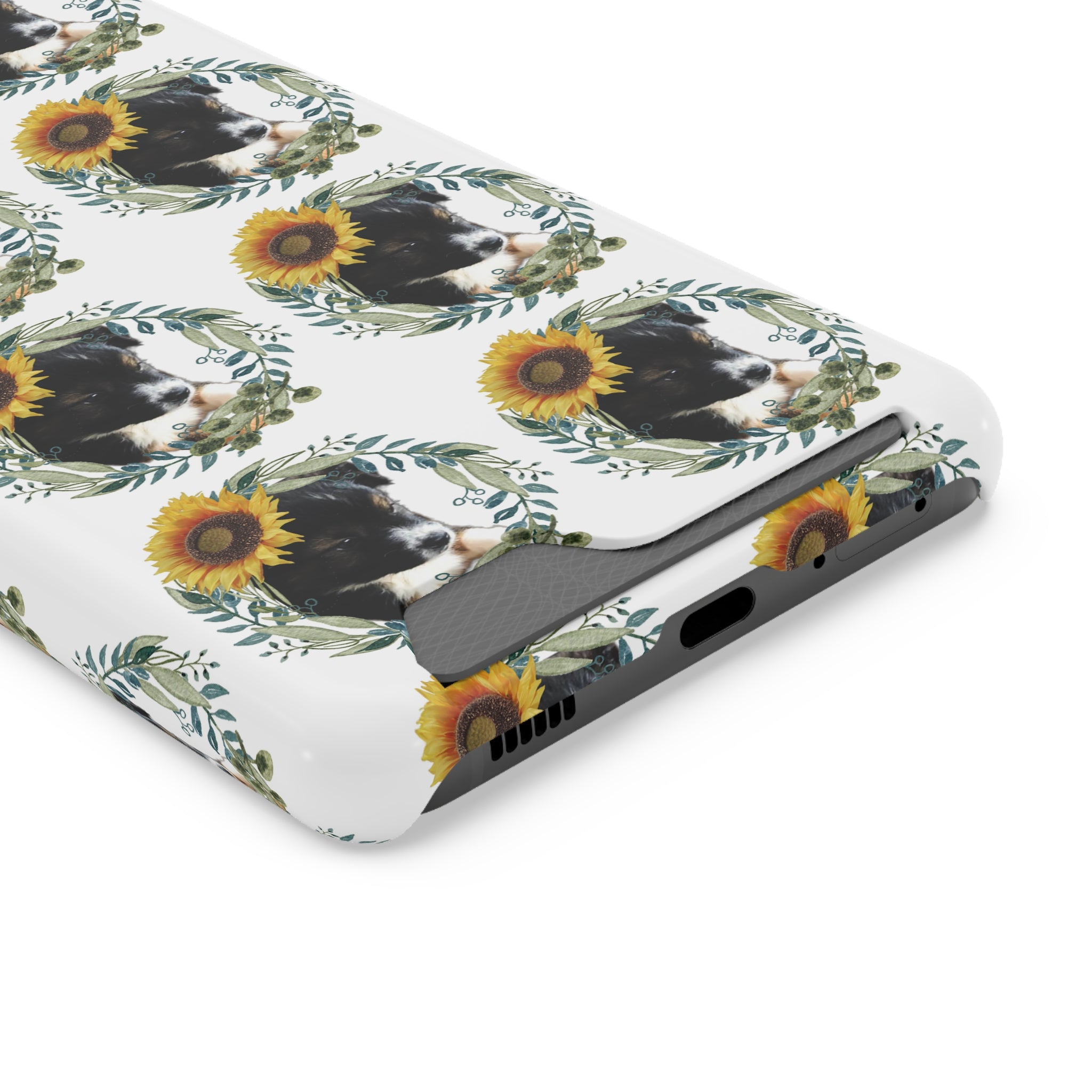 Lindo cachorro negro con funda para teléfono con girasoles y tarjetero