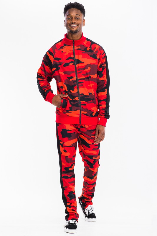 Men's Full Camo with Stripe Jacket and Pants 2-piece Track Set