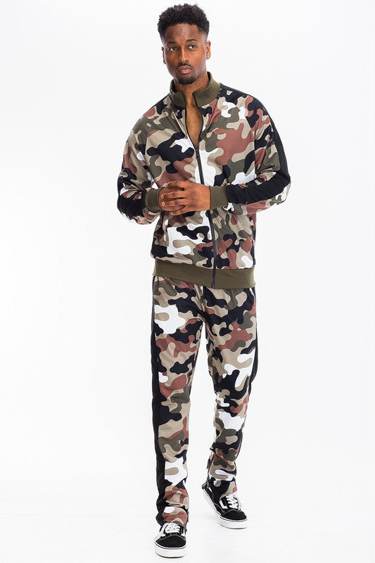 Men's Full Camo with Stripe Jacket and Pants 2-piece Track Set