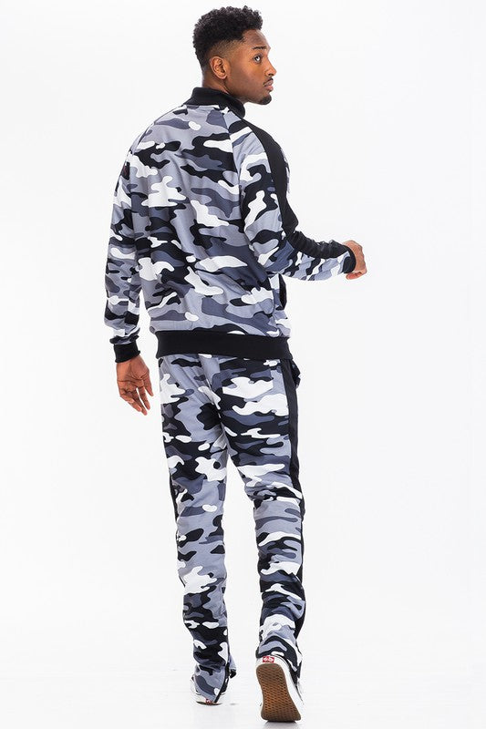 Men's Full Camo with Stripe Jacket and Pants 2-piece Track Set